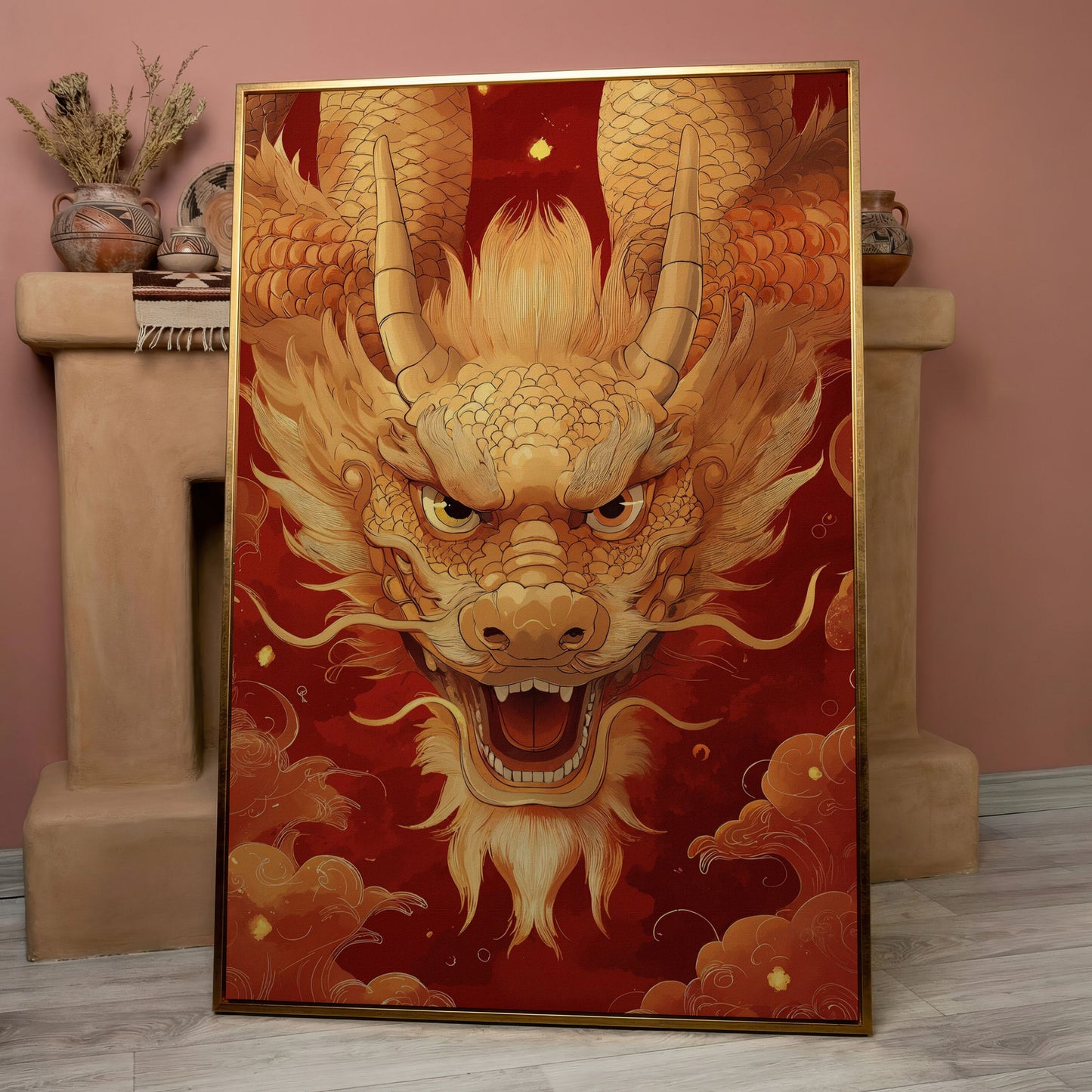 Gold and Red Chinese Dragon Head Canvas in rose gold floating frame