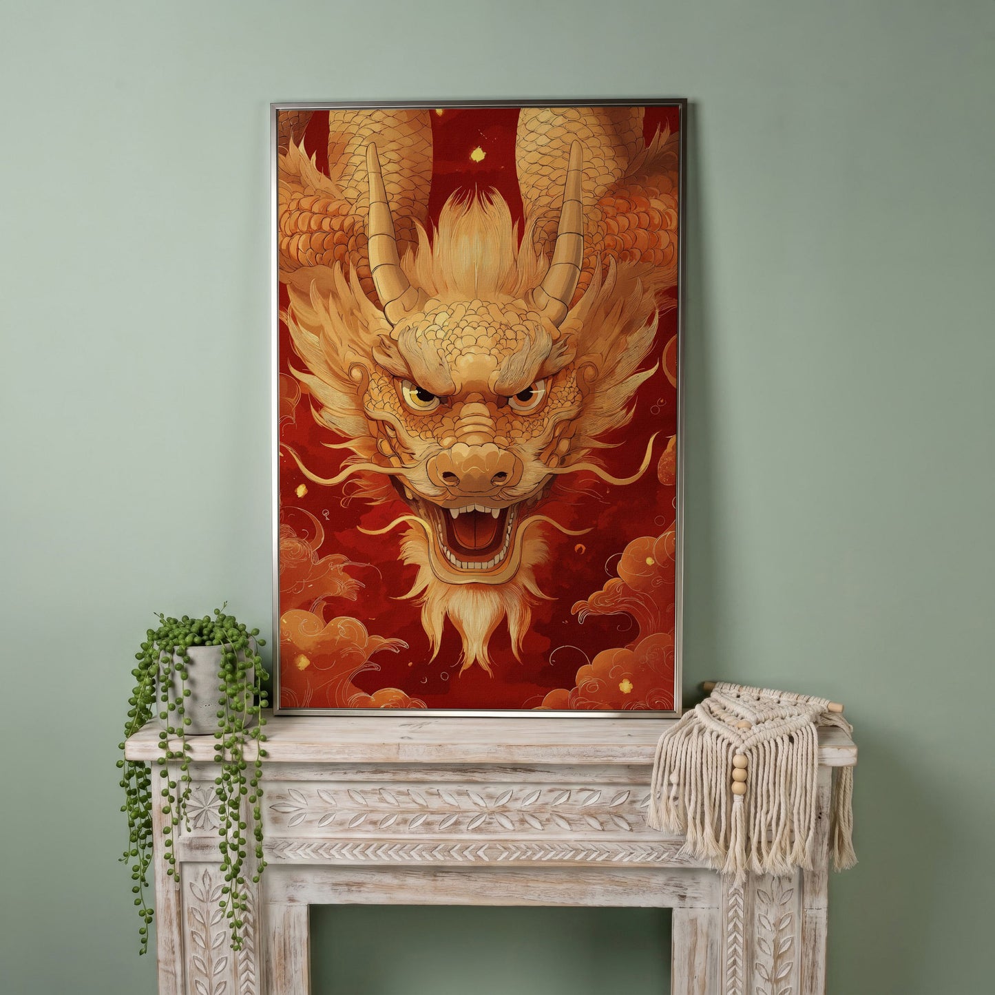 Gold and Red Chinese Dragon Head Canvas in silver floating frame