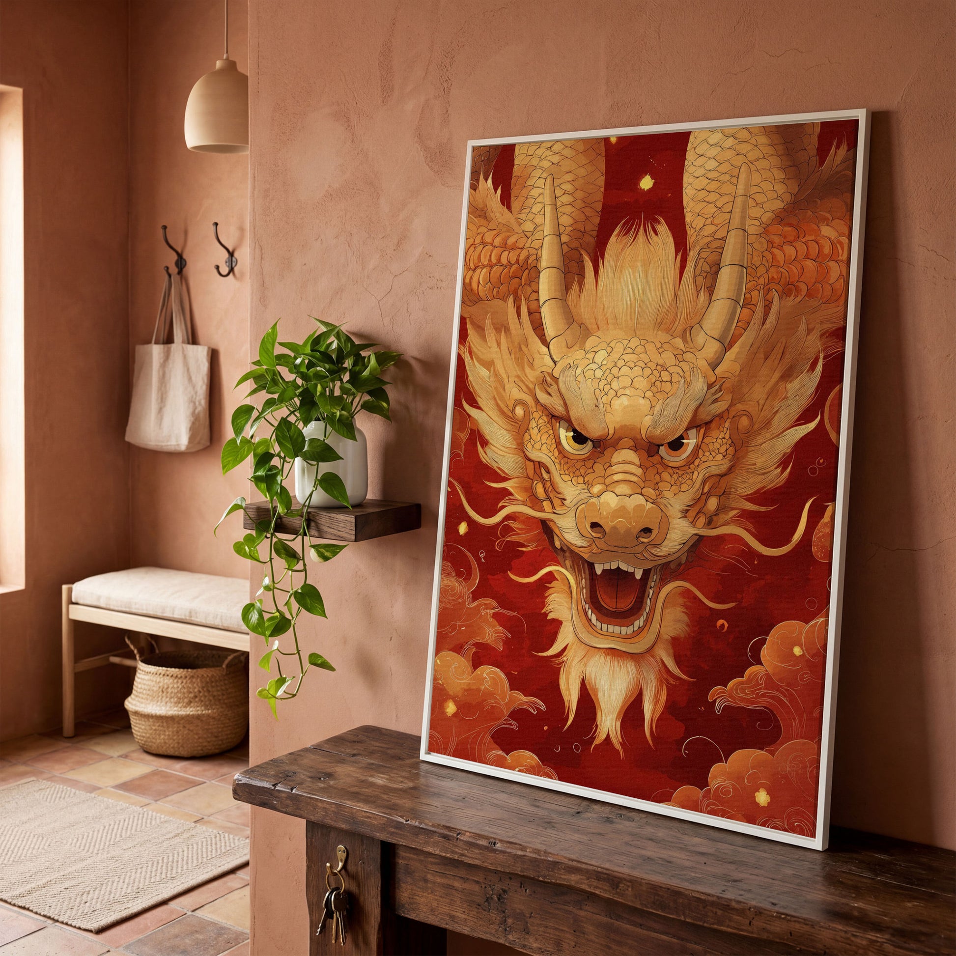 Gold and Red Chinese Dragon Head Canvas in white floating frame
