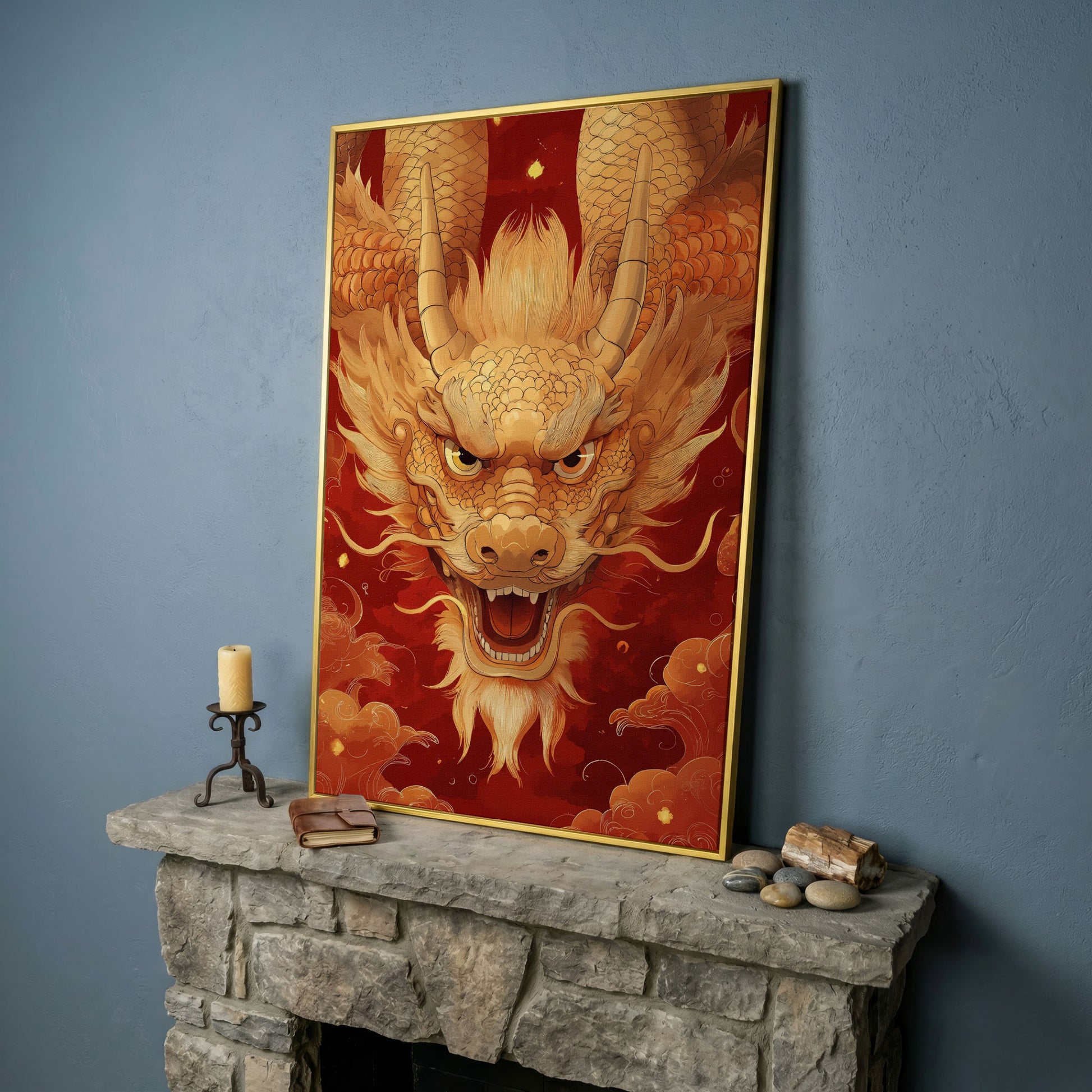 Gold and Red Chinese Dragon Head Canvas in yellow gold floating frame