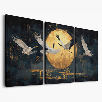 Cranes in Flight Japanese Canvas Print as 3-panel split version