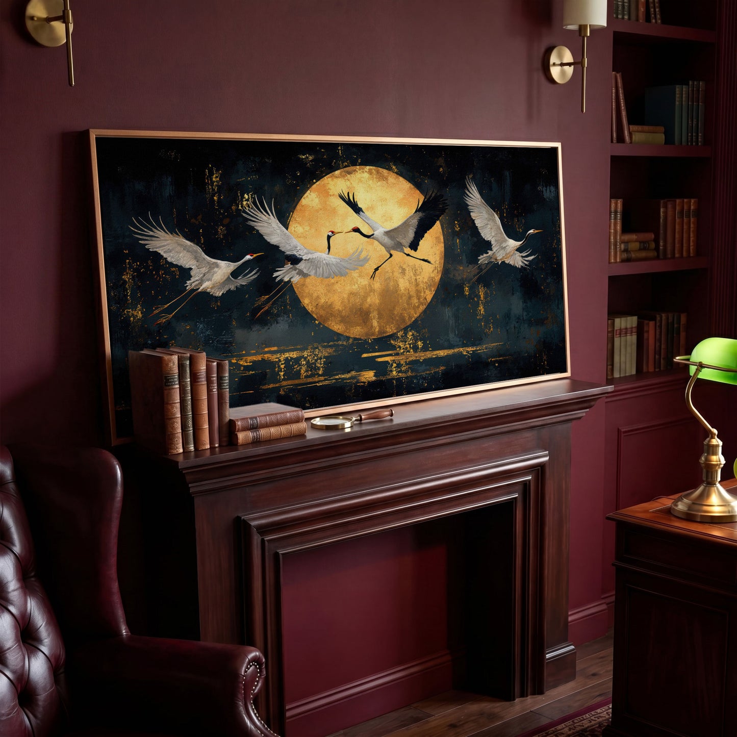 Cranes in Flight Japanese Canvas Print in antique gold floating frame