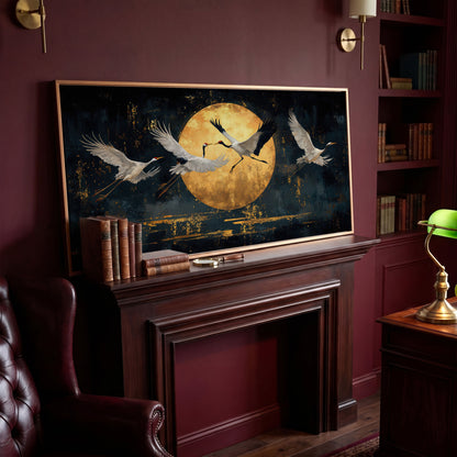 Cranes in Flight Japanese Canvas Print in antique gold floating frame