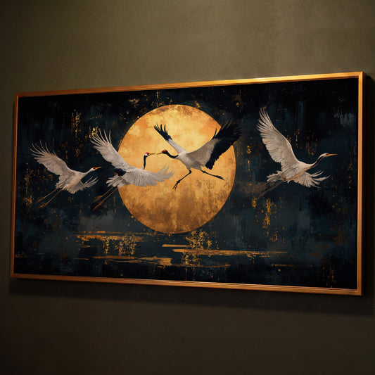 Cranes in Flight Japanese Canvas Print shown in antique gold floating frame