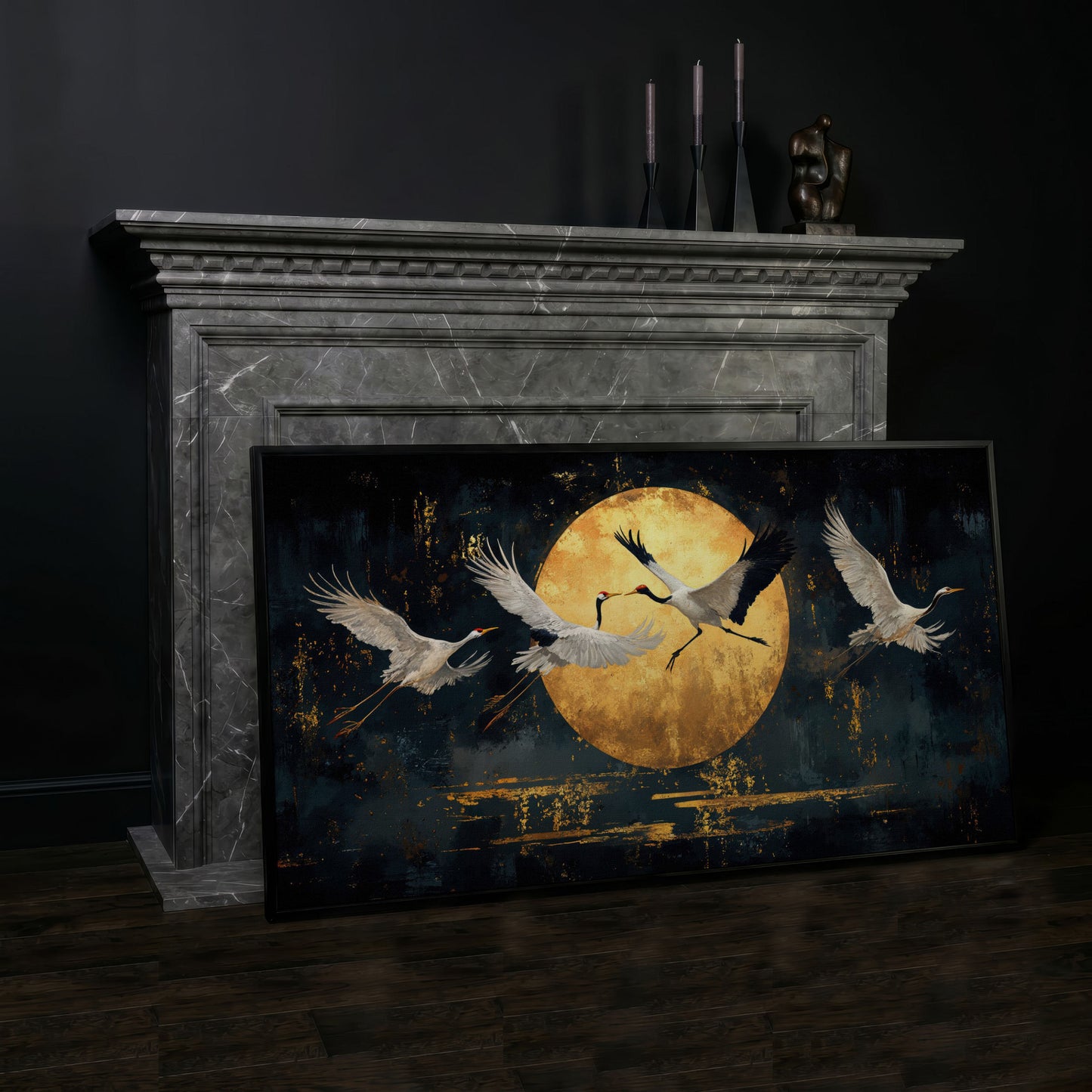 Cranes in Flight Japanese Canvas Print in black floating frame