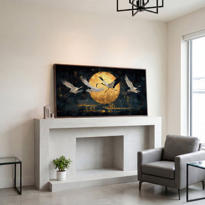 Cranes in Flight Japanese Canvas Print in dark walnut floating frame