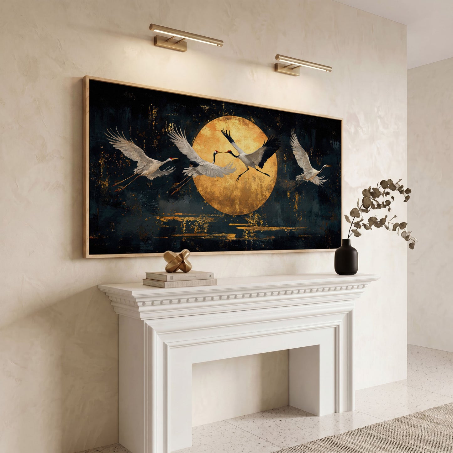 Cranes in Flight Japanese Canvas Print in white oak floating frame