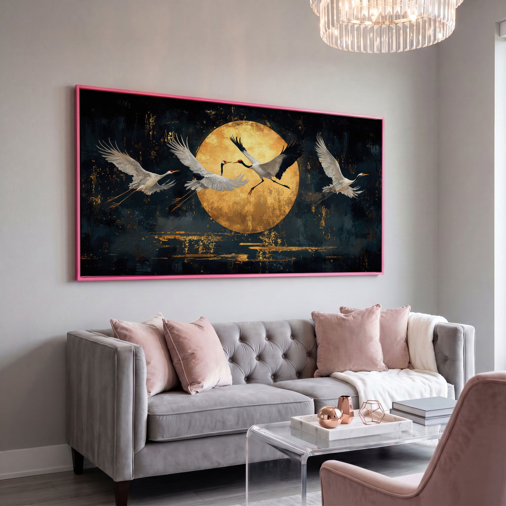 Cranes in Flight Japanese Canvas Print in pink floating frame