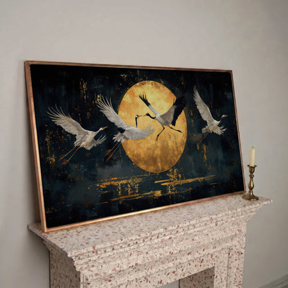 Cranes in Flight Japanese Canvas Print in rose gold floating frame