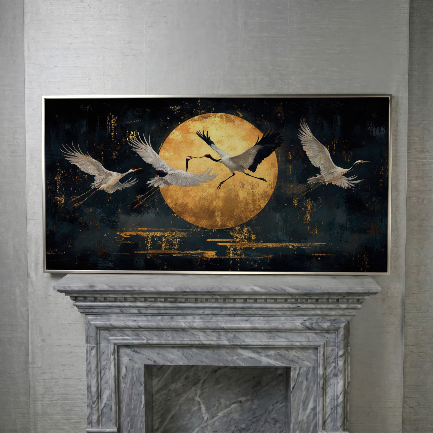 Cranes in Flight Japanese Canvas Print in silver floating frame