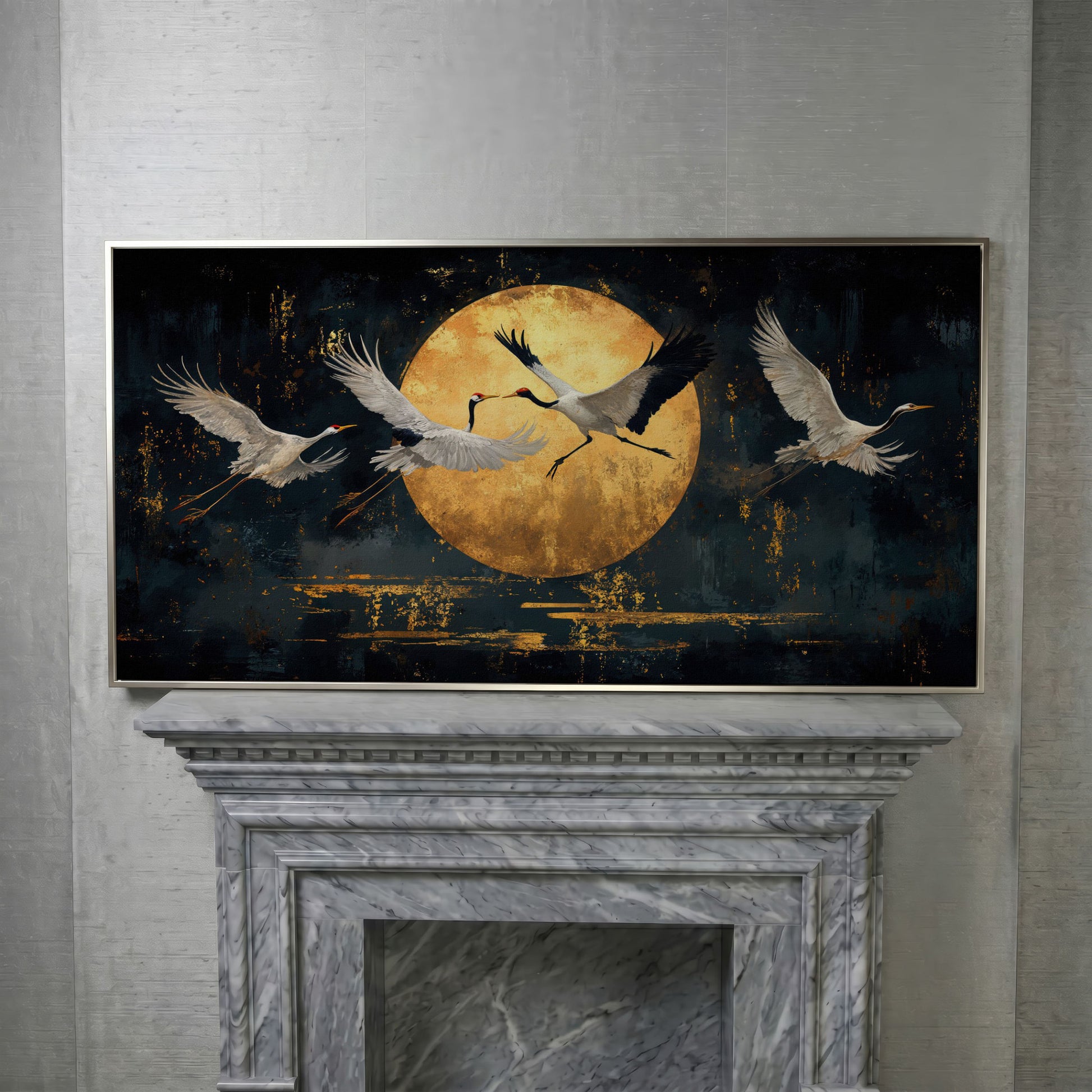 Cranes in Flight Japanese Canvas Print in silver floating frame