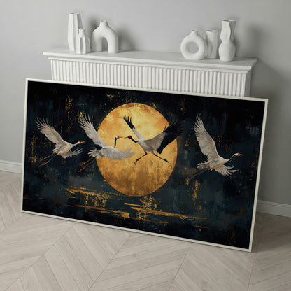Cranes in Flight Japanese Canvas Print in white floating frame