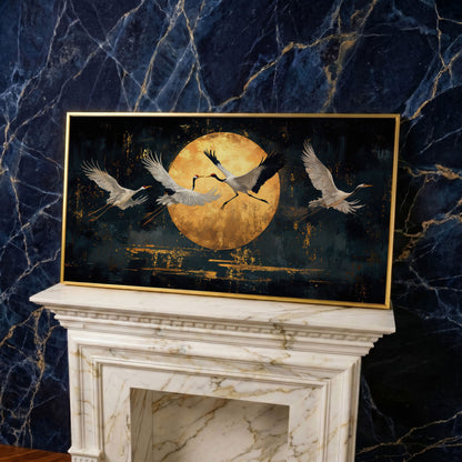 Cranes in Flight Japanese Canvas Print in yellow gold floating frame