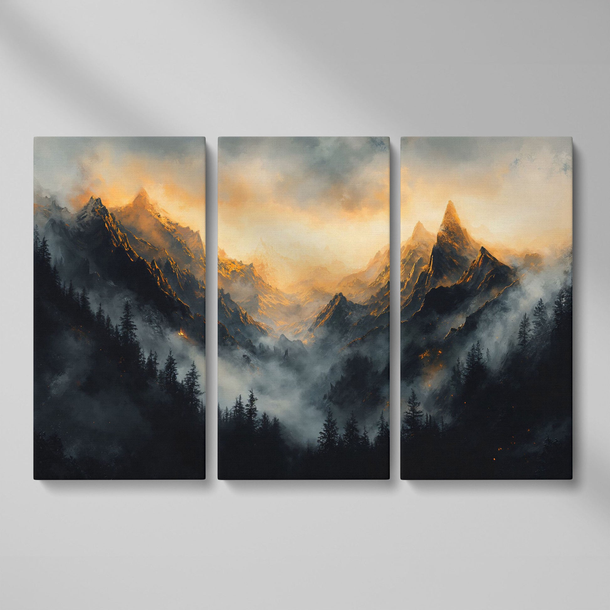 Misty Mountains with Dark Forest Canvas Print as 3-panel split version