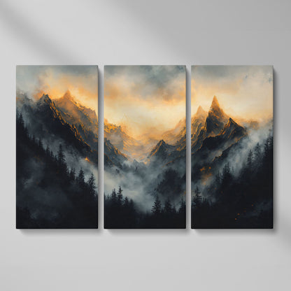 Misty Mountains with Dark Forest Canvas Print as 3-panel split version