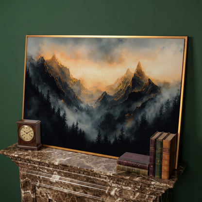 Misty Mountains with Dark Forest Canvas Print in antique gold floating frame