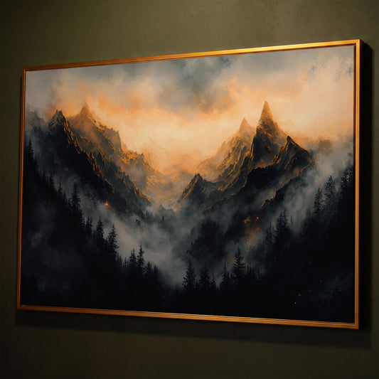 Misty Mountains with Dark Forest Canvas Print shown in antique gold floating frame