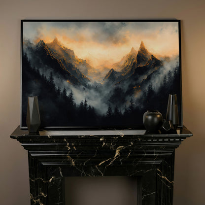 Misty Mountains with Dark Forest Canvas Print in black floating frame