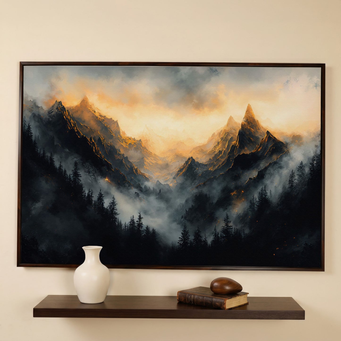 Misty Mountains with Dark Forest Canvas Print in dark walnut floating frame