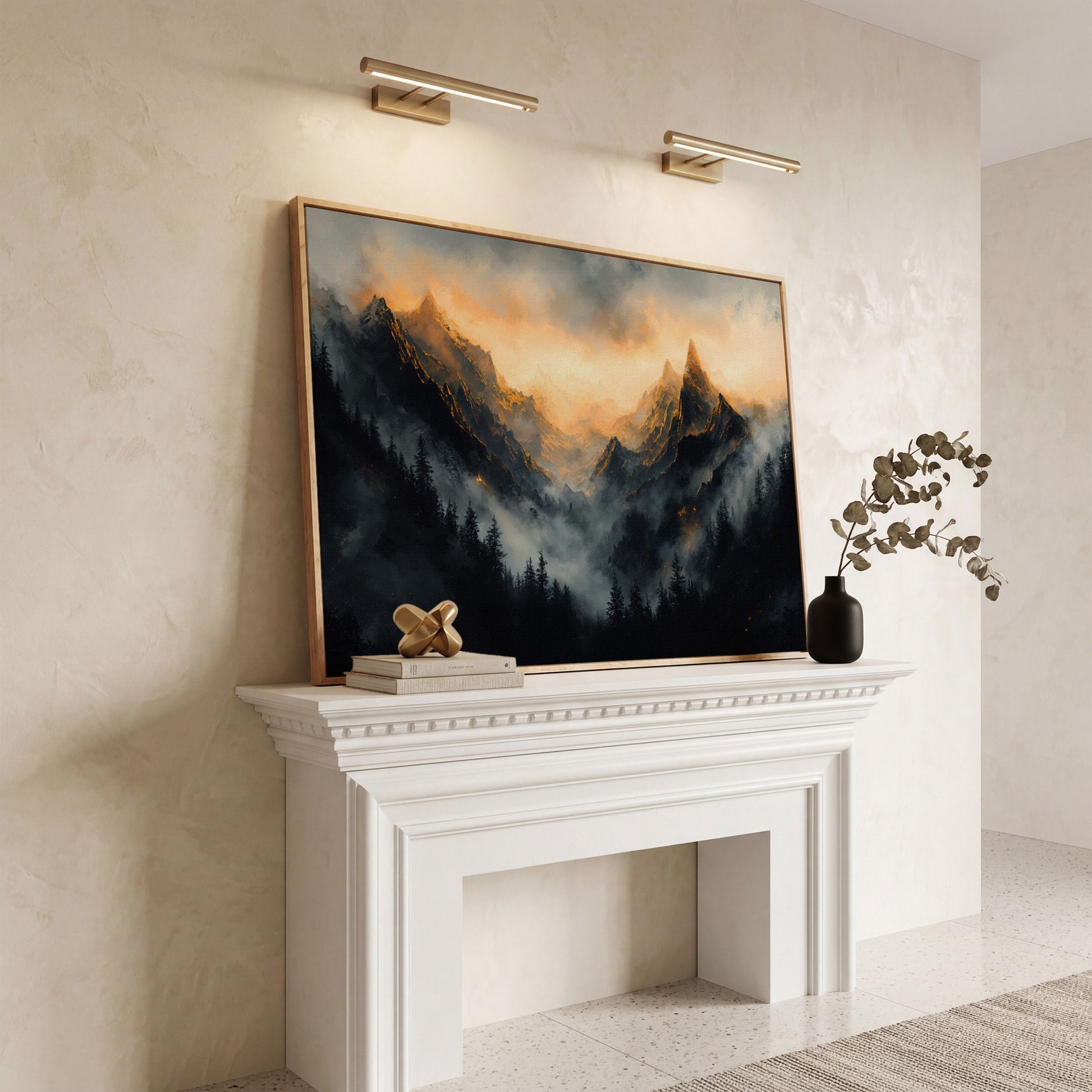 Misty Mountains with Dark Forest Canvas Print in white oak floating frame