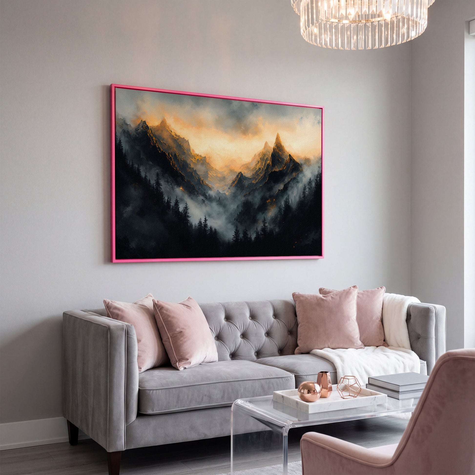 Misty Mountains with Dark Forest Canvas Print in pink floating frame