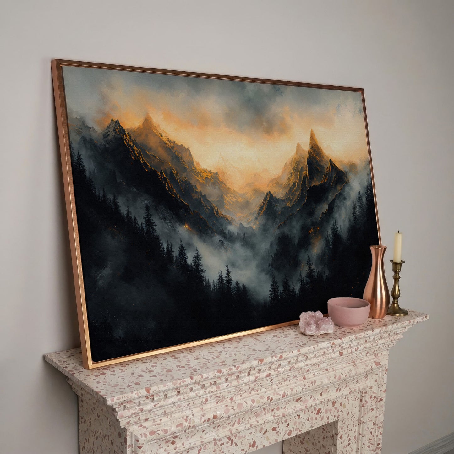 Misty Mountains with Dark Forest Canvas Print in rose gold floating frame
