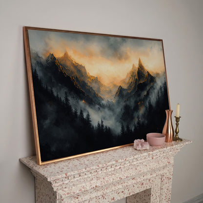 Misty Mountains with Dark Forest Canvas Print in rose gold floating frame