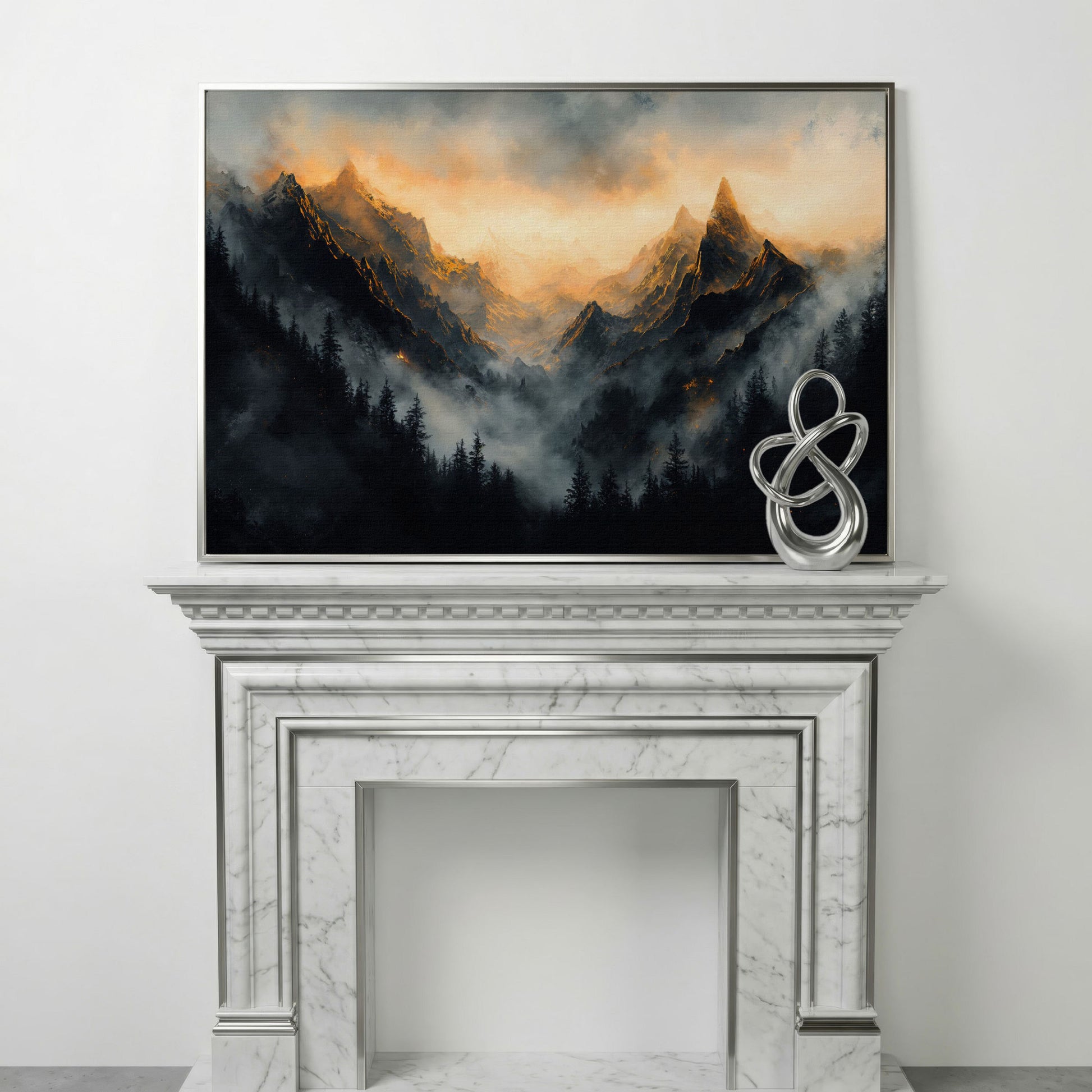 Misty Mountains with Dark Forest Canvas Print in silver floating frame