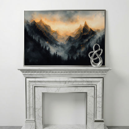 Misty Mountains with Dark Forest Canvas Print in silver floating frame