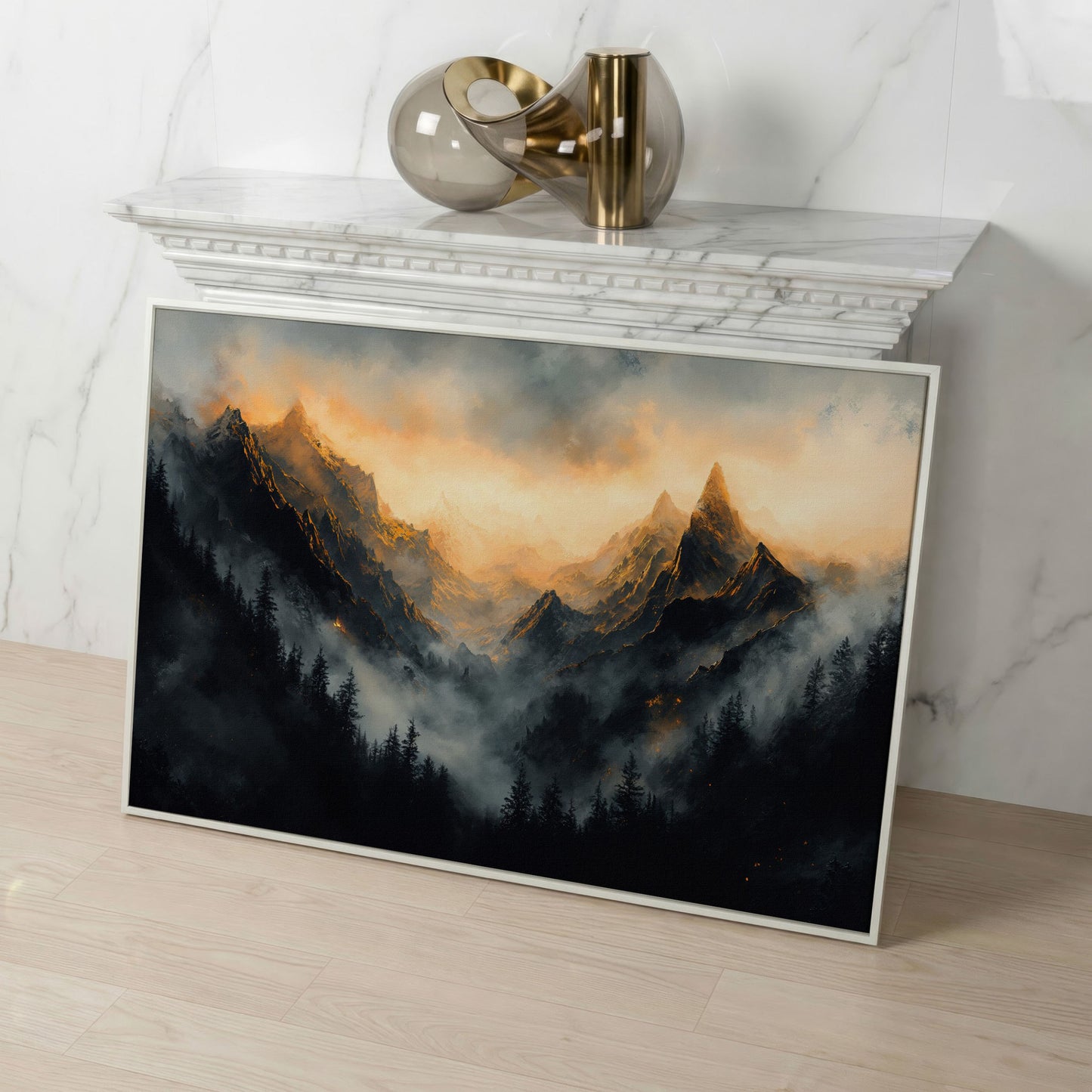 Misty Mountains with Dark Forest Canvas Print in white floating frame