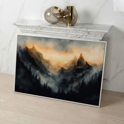 Misty Mountains with Dark Forest Canvas Print in white floating frame