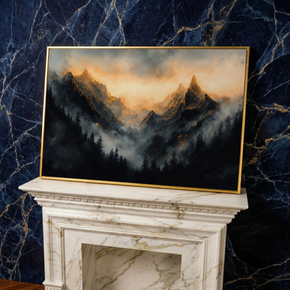 Misty Mountains with Dark Forest Canvas Print in yellow gold floating frame
