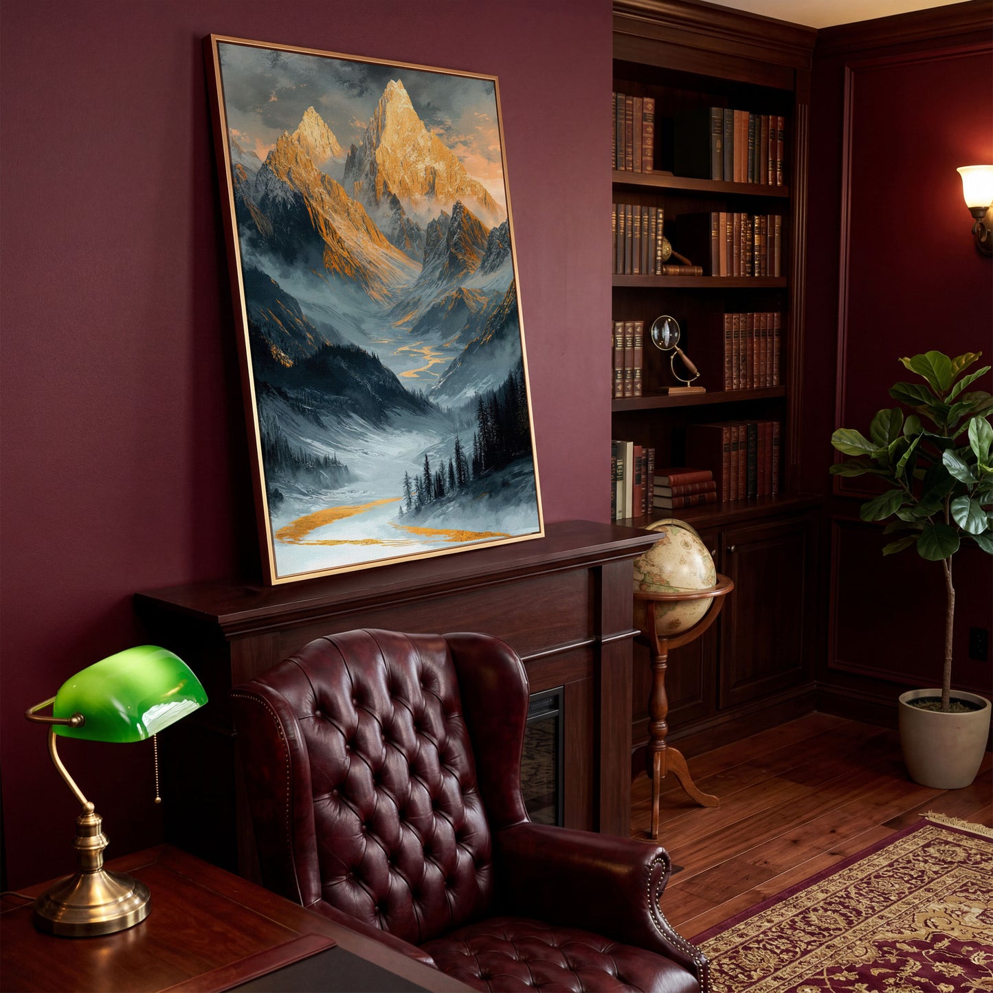 Misty Mountain Landscape Canvas in antique gold floating frame