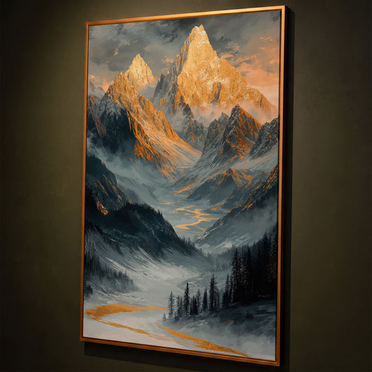 Misty Mountain Landscape Canvas shown in antique gold floating frame