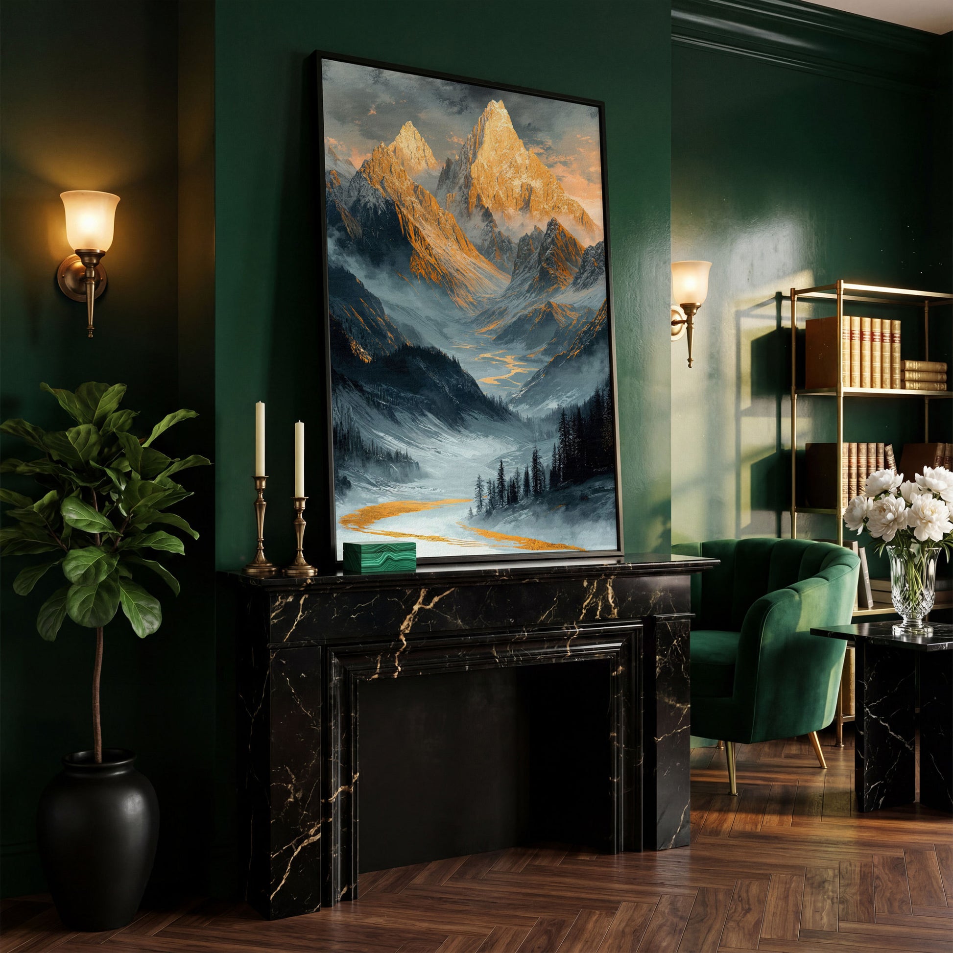 Misty Mountain Landscape Canvas in black floating frame