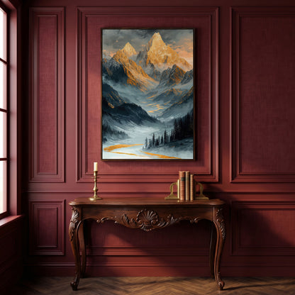 Misty Mountain Landscape Canvas in dark walnut floating frame
