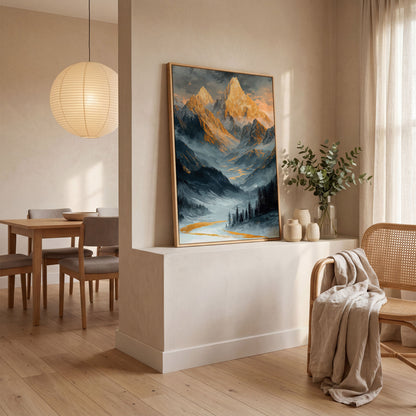 Misty Mountain Landscape Canvas in white oak floating frame