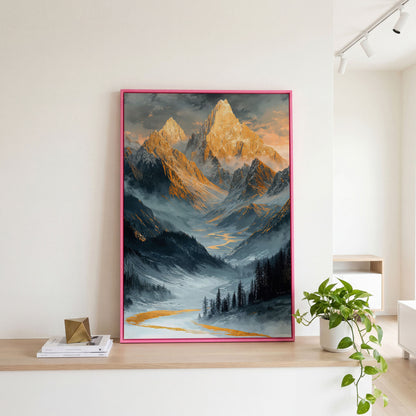 Misty Mountain Landscape Canvas in pink floating frame