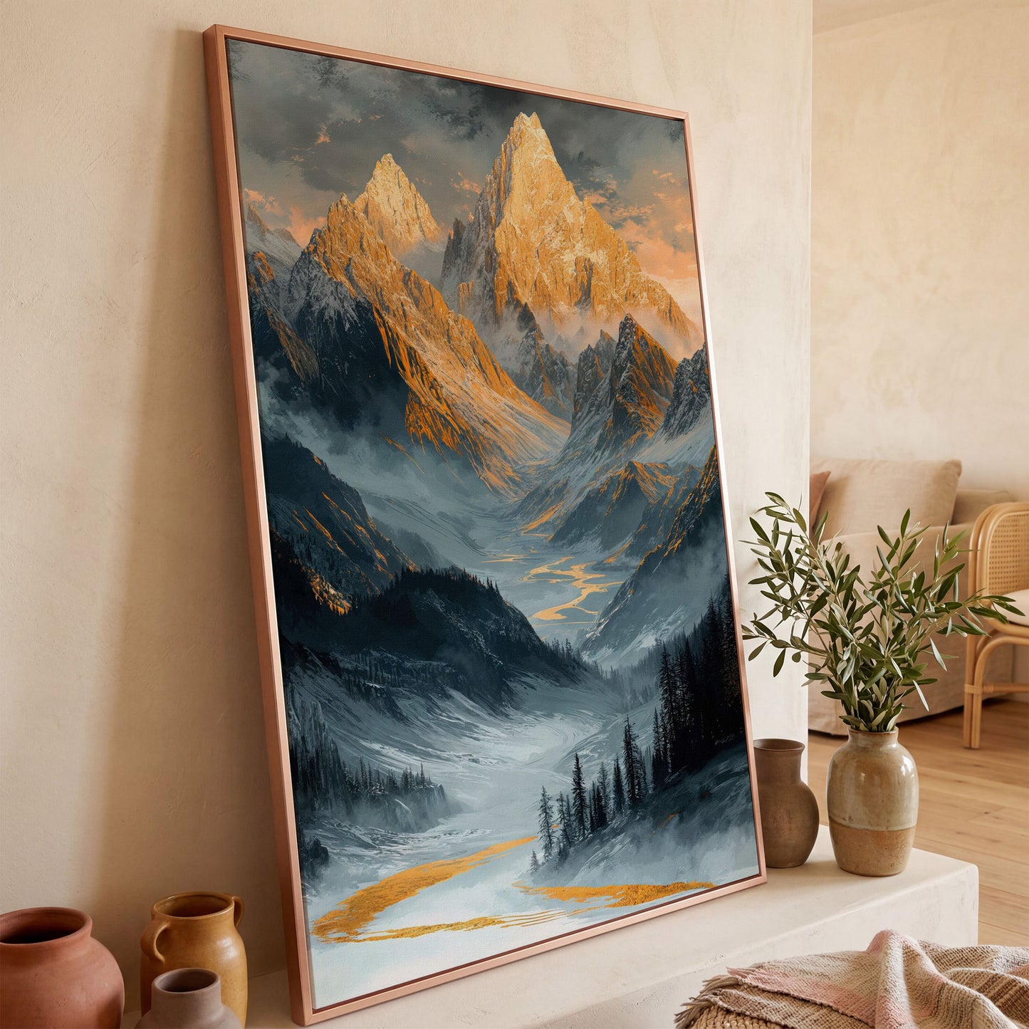Misty Mountain Landscape Canvas in rose gold floating frame