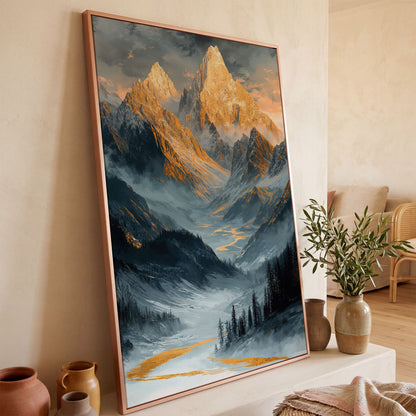Misty Mountain Landscape Canvas in rose gold floating frame
