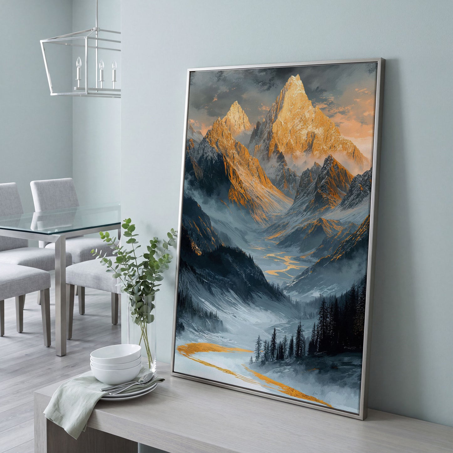 Misty Mountain Landscape Canvas in silver floating frame