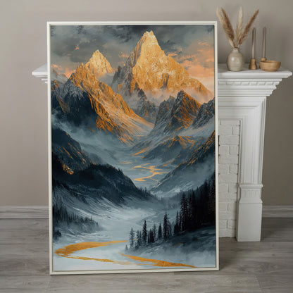 Misty Mountain Landscape Canvas in white floating frame