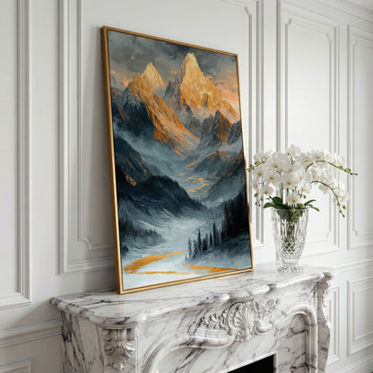 Misty Mountain Landscape Canvas in yellow gold floating frame
