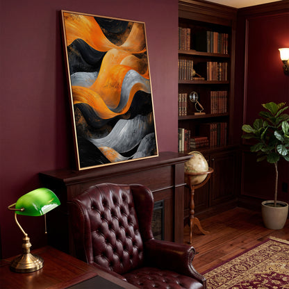 Abstract Waves in Burnt Orange and Charcoal Canvas in antique gold floating frame