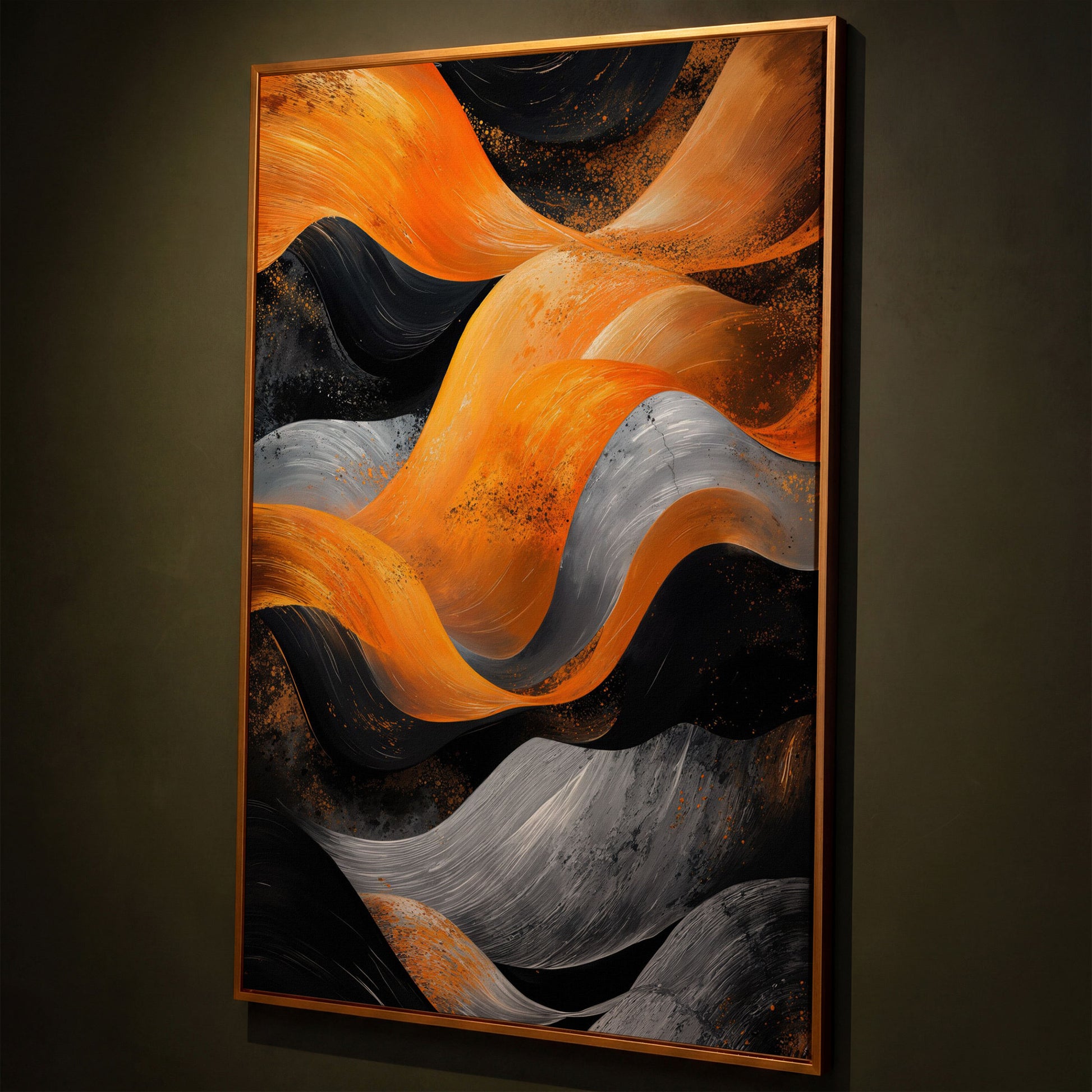 Abstract Waves in Burnt Orange and Charcoal Canvas shown in antique gold floating frame