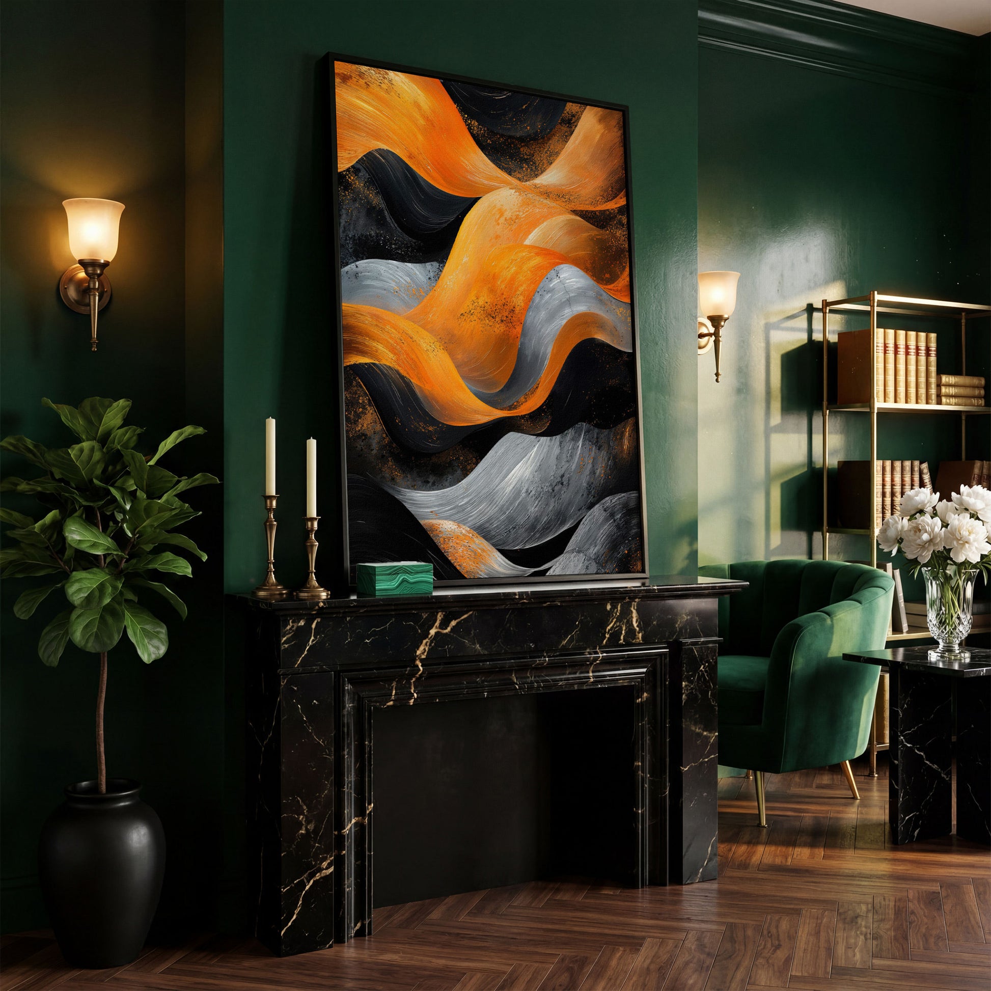 Abstract Waves in Burnt Orange and Charcoal Canvas in black floating frame