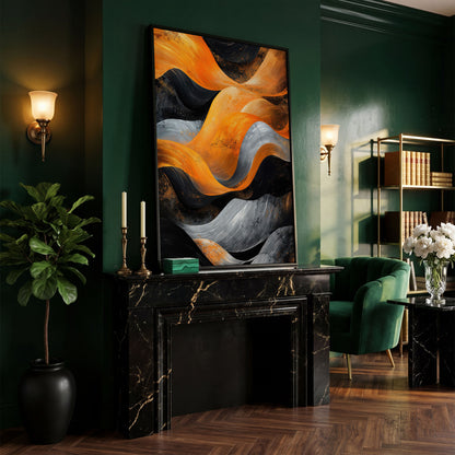 Abstract Waves in Burnt Orange and Charcoal Canvas in black floating frame