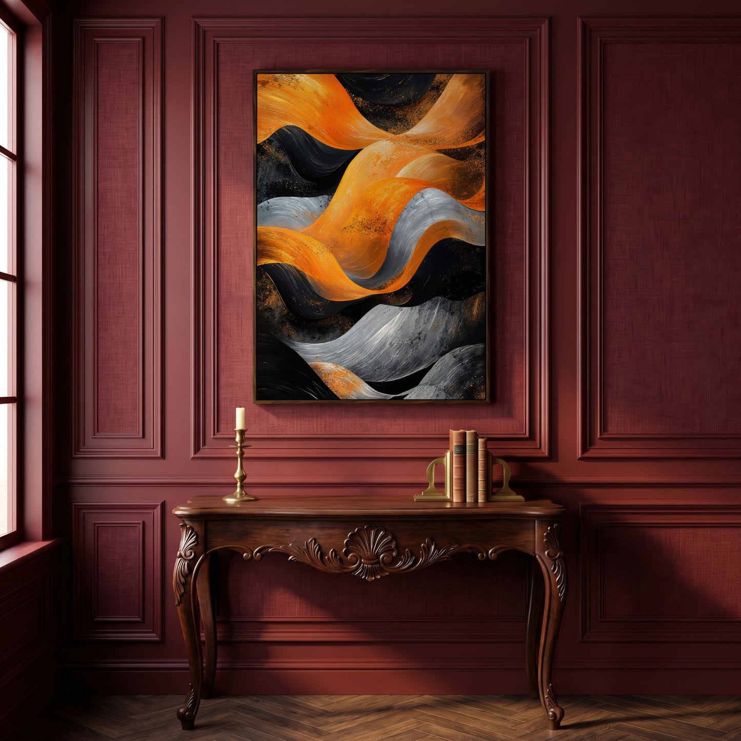 Abstract Waves in Burnt Orange and Charcoal Canvas in dark walnut floating frame