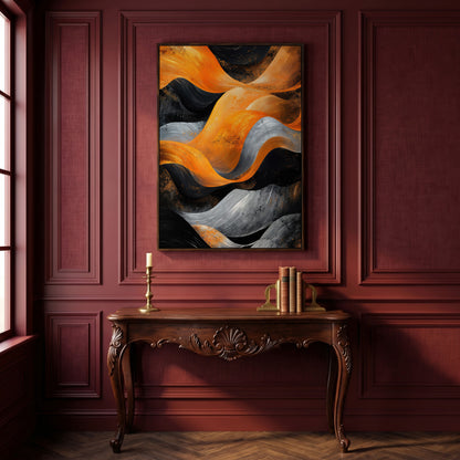 Abstract Waves in Burnt Orange and Charcoal Canvas in dark walnut floating frame