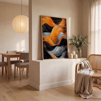 Abstract Waves in Burnt Orange and Charcoal Canvas in white oak floating frame